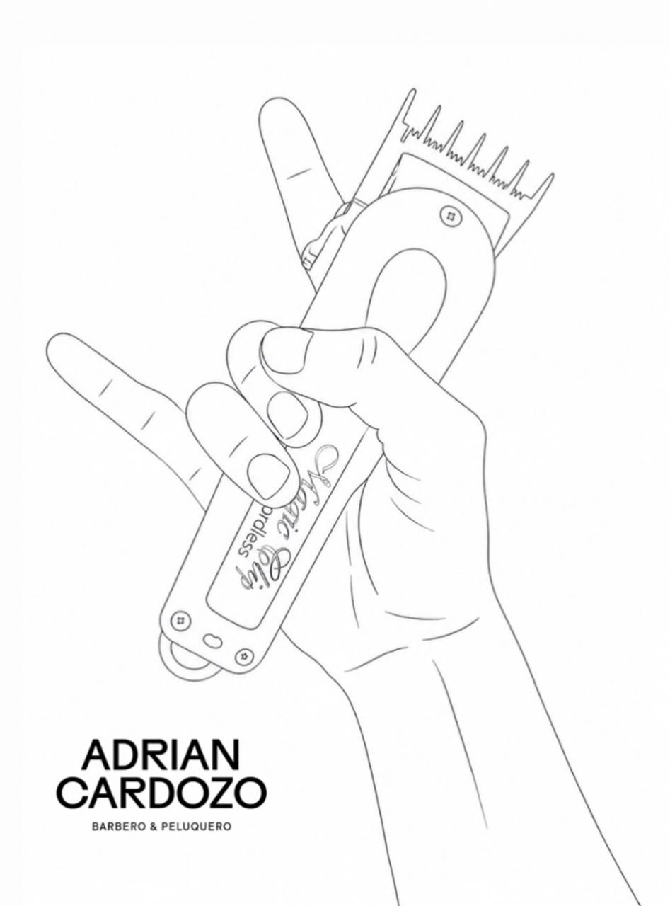Ilustración de una mano sosteniendo una máquina de cortar, con el logo de Adrian Cardozo, barbero y peluquero